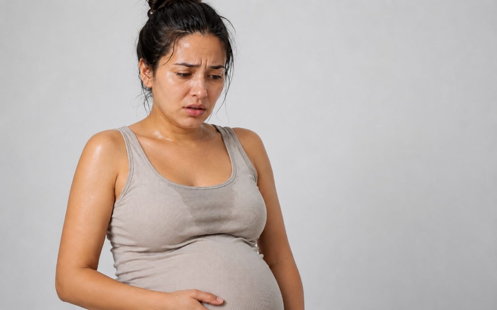 Mujer embarazada con sudoración — seguridad del antitranspirante BHL